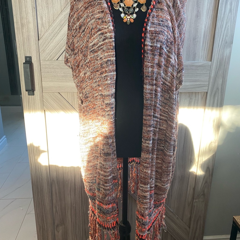 Free People Knit Fringe Shawl in Brown and Orange